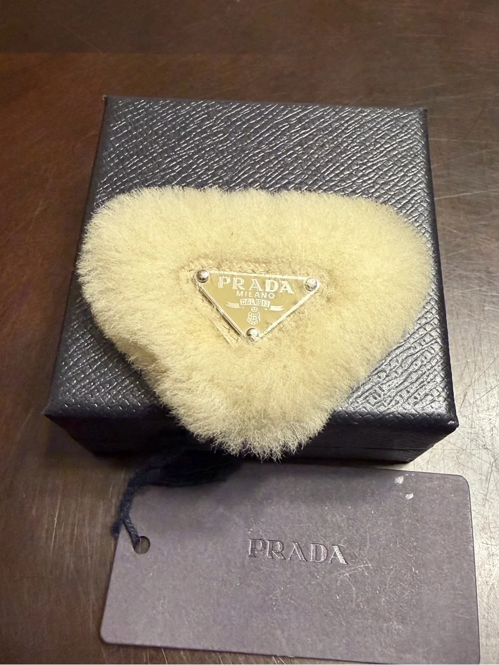 New Authentic Prada Logo Triangular Faux Fur Hair Clip
